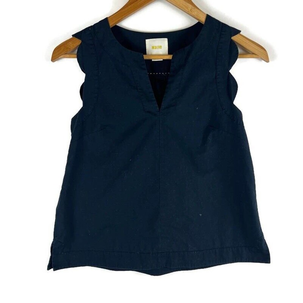 Anthropologie Maeve Shirt Womens 0 Black Blouse V Neck Scalloped